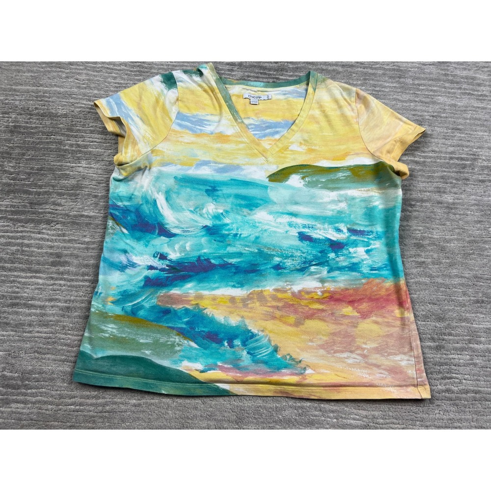 Chico's T-Shirt Womens L 2 Multicolor Abstract Ocean Coastal V-Neck Cotton Blend